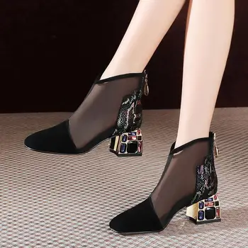 

2020 NEW Mesh Sandals Boots Women Mesh Ankl Boot for Summer Mid Heel Rhinestone Ponited toe Shoes Hollow out Back Zip Black