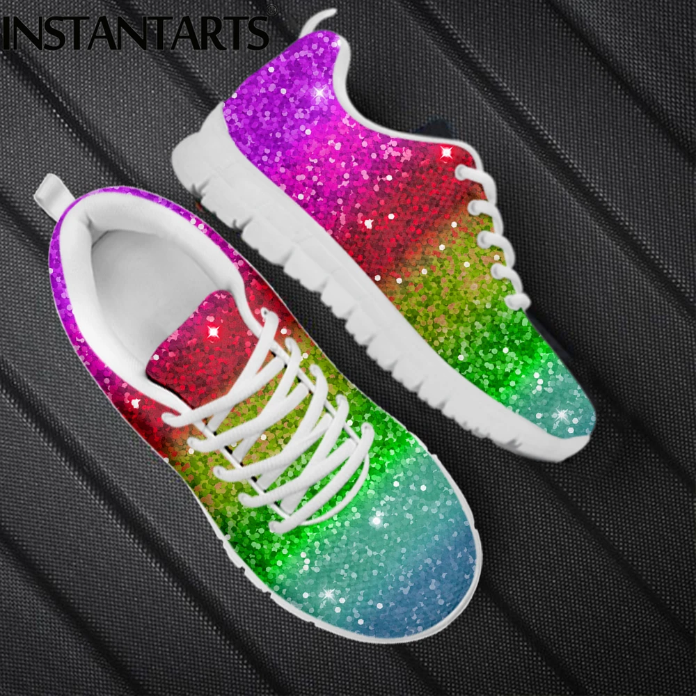 Verbinding Ziek persoon knelpunt INSTANTARTS Cool Rainbow Glitter Texture Printed Girls Flat Shoes  Breathable Slip-on Mesh Sneakers Outdoor Lace up Scarpe Donna - AliExpress