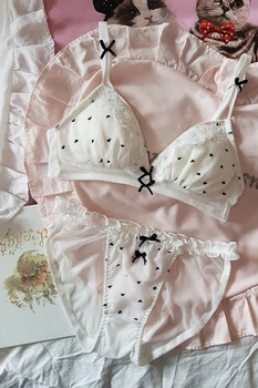 

Black &White Heart Japanese Lace Bra & Panties Set Wirefree Soft Underwear Sleep Intimates Set Kawaii Lolita Cute Sexy