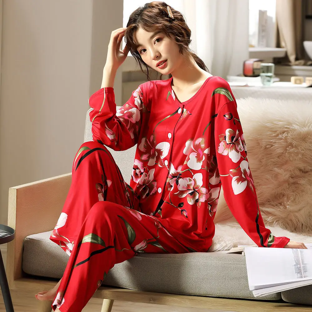 

Summer Women Two-piece Home Suit for Spring and Summer Thin Long-sleeved Viscose Cotton Pants Pajamas Women Summer Cotton Suit