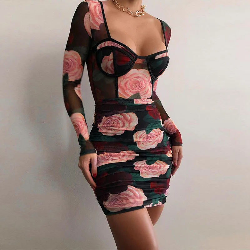 Mamelucos de otoño para mujer, monos sexys con estampado Floral y cuello cuadrado, Bodycon de malla a la moda