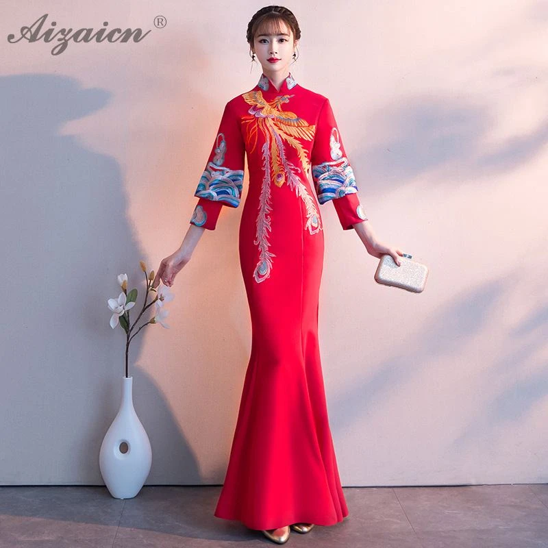 Феникс вышивка длинный Cheongsam красный современный Femme Тонкий Вечерние платья Qi Pao женское традиционное китайское свадебное платье Qipao