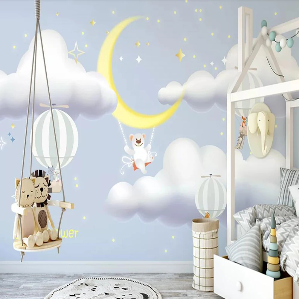 

Custom 3D wallpaper mural hand-painted starry moonlight hot air balloon children room background wall decoration wallpaper mural