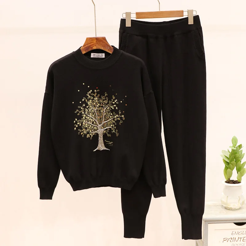 

Winter Women Black Knitted 2 Piece Set Tree Sequins Embroidery Sweater And Pants 2pc Set Outfit For Autumn