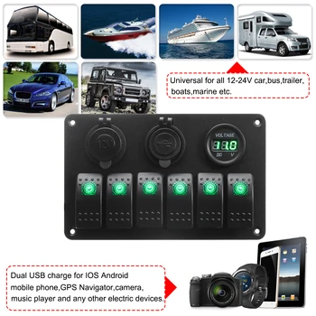 

6 Gang LED Rocker Switch Panel Voltmeter Dual USB Power Charger Marine Boat RV For 12-24V voltage vehicles