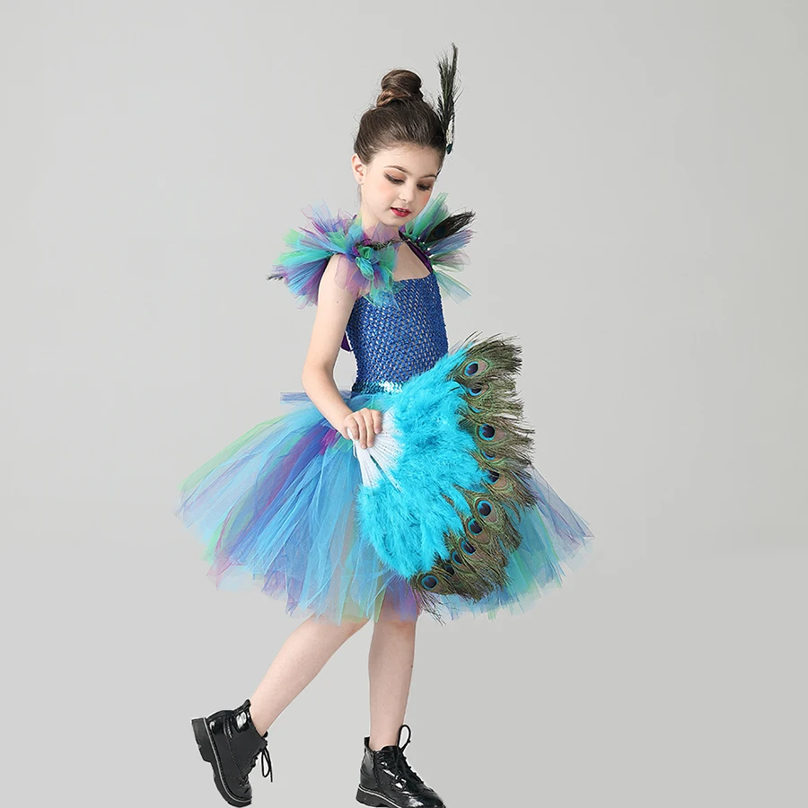 Couture Royal Peacock Girls Tutu Dress with Feather Clip Peacock Bird Carnival Fancy Dress for Kid Halloween Party Purim Costume (3)