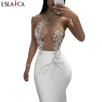 

Fashion women dress sleeveless solid color hight waist Diamonds midi dress elegant casual evening night party club bandage dress