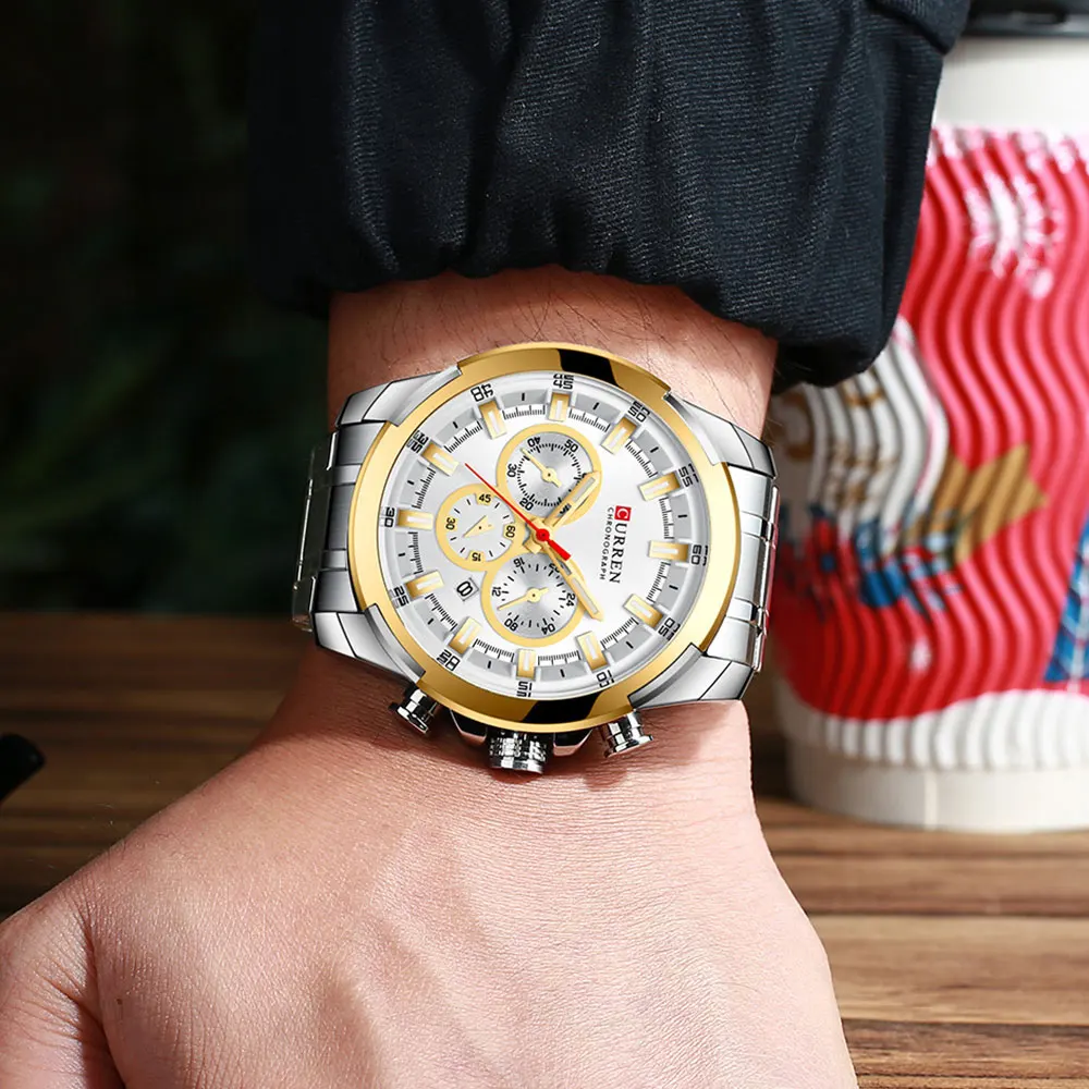 CURREN новая сверхмодная Повседневное Часы из нержавейки Для мужчин кварцевые наручные часы с хронографом бизнес световой часы мужской