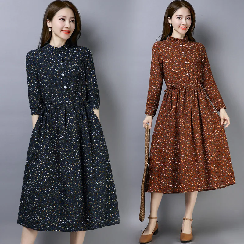 

Fat Mm Large Size 2019 Autumn New Style Loose-Fit Slimming Floral A- line Cotton Linen Long Sleeve Retro Literature And Art Dres