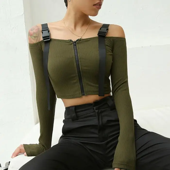 Pop Lady Short Top Solid Color Zipper Buckle Long Sleeve Off Shoulder Crop For Summer Pop 88
