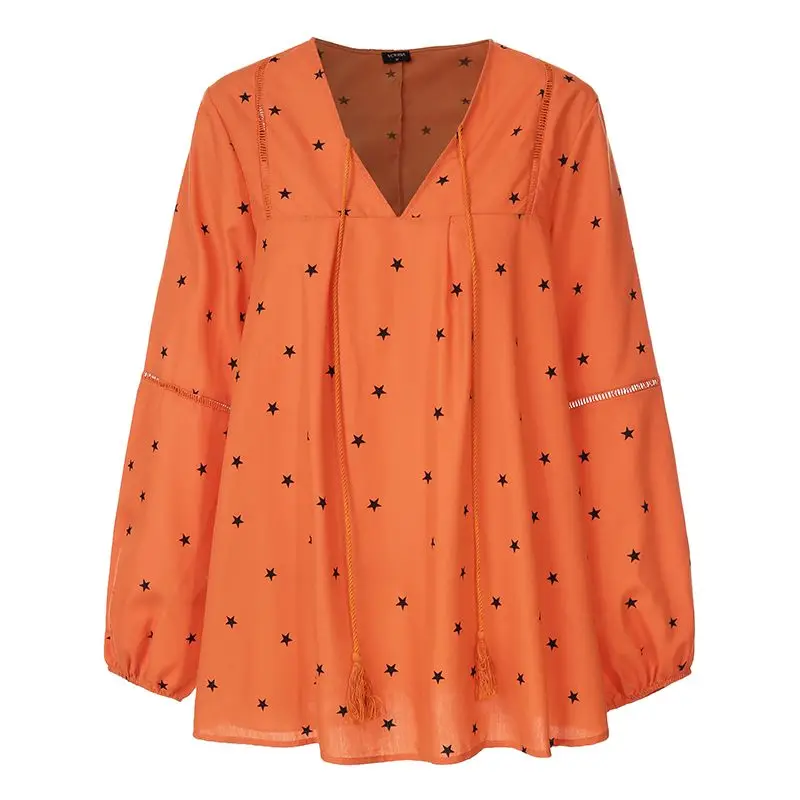 VONDA/женская блузка большого размера, винтажные топы с v-образным вырезом и принтом звезды, осенние длинные рубашки с рукавами-фонариками, пляжные Повседневные Вечерние Блузы