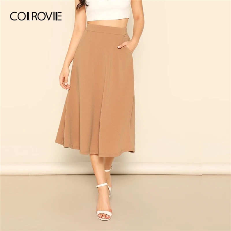 COLROVIE Solid Slant Pocket Swing Skirt Women High Waist Casual Long Skirt Autumn Fashion Elegant A Line Ladies Midi Skirts