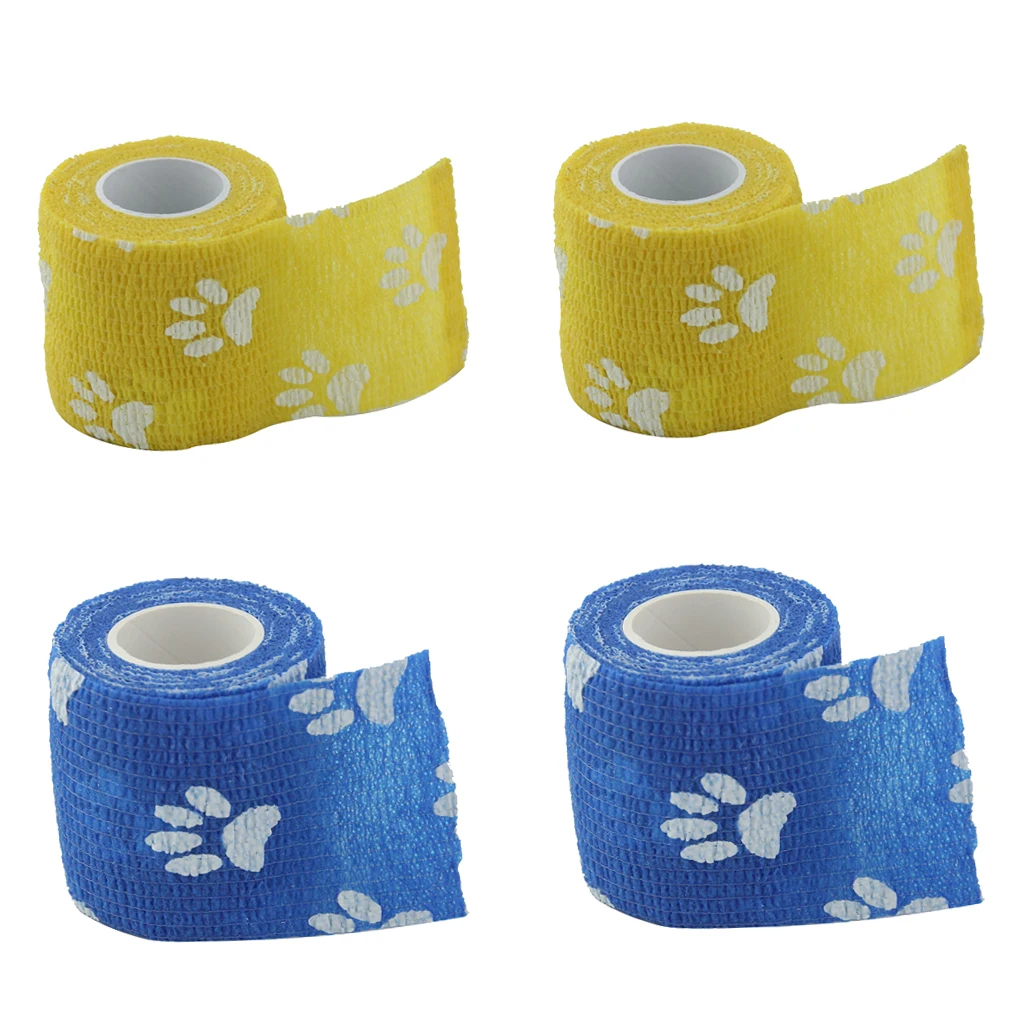 4 Rolls of Vet Wrap Bulk, Cute Paw Prints, Bandage Wrap Vet Tape - Waterproof & Self Adherent – Blue/Yellow