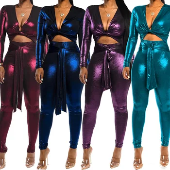 

2019 Autumn Party Jumpsuit Women Skinny Overall Solid Color Shining Night Club Rompers Jumpsuit Long Sleeve Deep V Neck Jumpsuit
