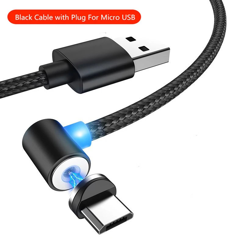 Магнитный зарядный кабель Micro usb type C 8 Pin кабель для USB шнура для мобильного телефона 90 градусов магнитное зарядное устройство для iPhone X 8 7 - Цвет: Black Micro USB