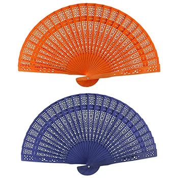 

2 Pcs 8 Inch Chinese Japanese Folding Fan Original Wooden Hand Flower Bamboo Pocket Fan for Home Decor -Blue & Orange