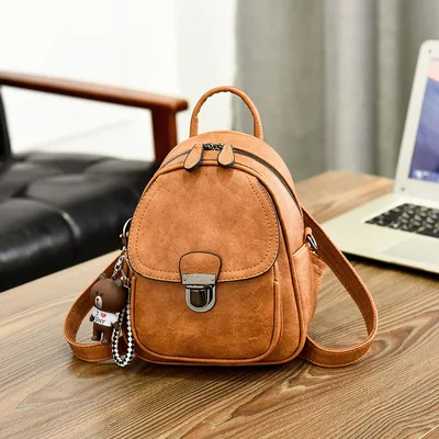 Trend Retro PU Leather Bear Pendant Small Shoulder Slung Multi-purpose Female Bag Multi-function Backpack - Цвет: Коричневый