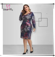 XL-5XL 6XL размера плюс осенне-зимнее платье с v-образным вырезом и длинным рукавом, Сетчатое Прозрачное платье миди с принтом, Сексуальная кружевная одежда для ночного клуба