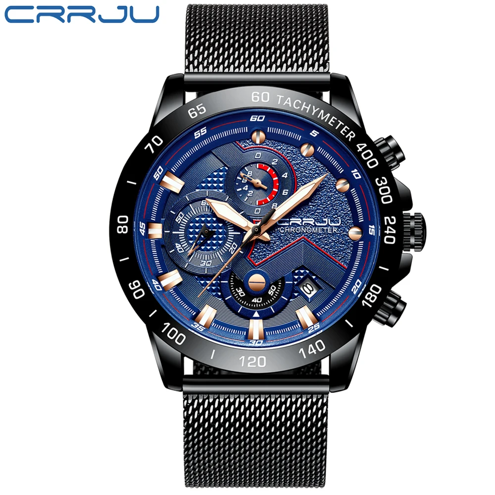 Relogio Masculino CRRJU новые мужские часы Топ бренд Роскошные Кварцевые сетка сталь Дата