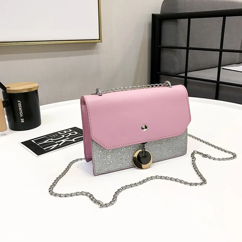 

2018 New Style Korean-style Spring Fashion Versatile Oblique Shoulder Magnetic Snap Bag PU Leather Sequin Square Sling Bag
