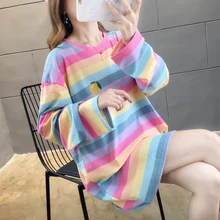 Fall Harajuku Kawaii Oversized T Shirt Women Autumn Rainbow Striped Shirt For Girls Long Sleeve Korean tshirt Ladies Tops