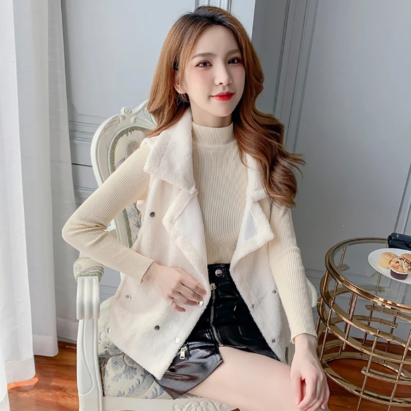 Осенняя Куртка женская Chaqueta Mujer Manteau Femme Толстая однотонная на молнии без рукавов с карманом из меха ягненка теплая верхняя одежда