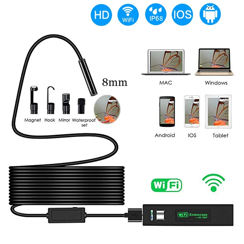 Водонепроницаемая камера-эндоскоп 1200P HD с Wi-Fi USB IP68 бороскоп мягким кабелем