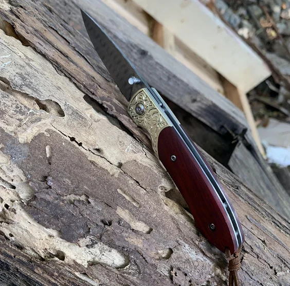 Red handle SAMSEND Дамасская сталь натуральный Абалон и натуральный палисандр+ резная Медная головка многофункциональные походные инструменты, чтобы отправить кожаный чехол - Цвет: Red handle