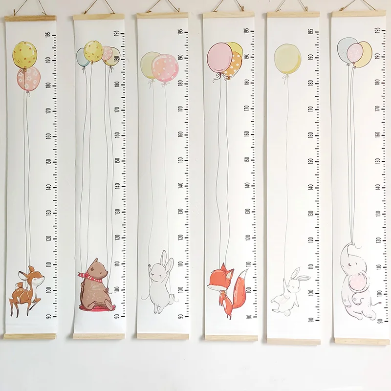 Boys Girls Growth Chart Wood Frame Canvas Height Measurement Ruler for Kids Nursery Room Removable Wall Decor Cartoon Animal