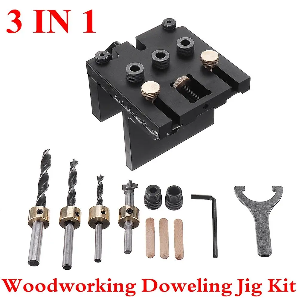 

3 In 1 Punch Positioner Dowelling Jig 6/8/10/15mm Drilling for Furniture Fast Connecting Woodworking Drill Guide Kit Location