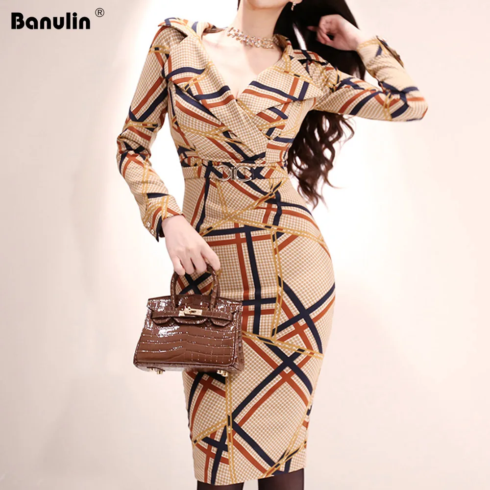 

2020 New Spring Women Vintage Office Notched Collar Long Sleeve Plaid Pattern Printed Slim High Waist Bodycon Sexy Dress