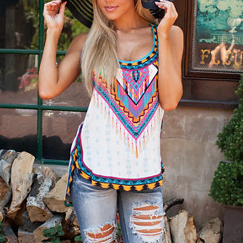 Новая Мода Лето Boho женский свободный Цветочный жилет без рукавов пляжные Блузы безрукавки футболка Повседневная летняя пляжная O66