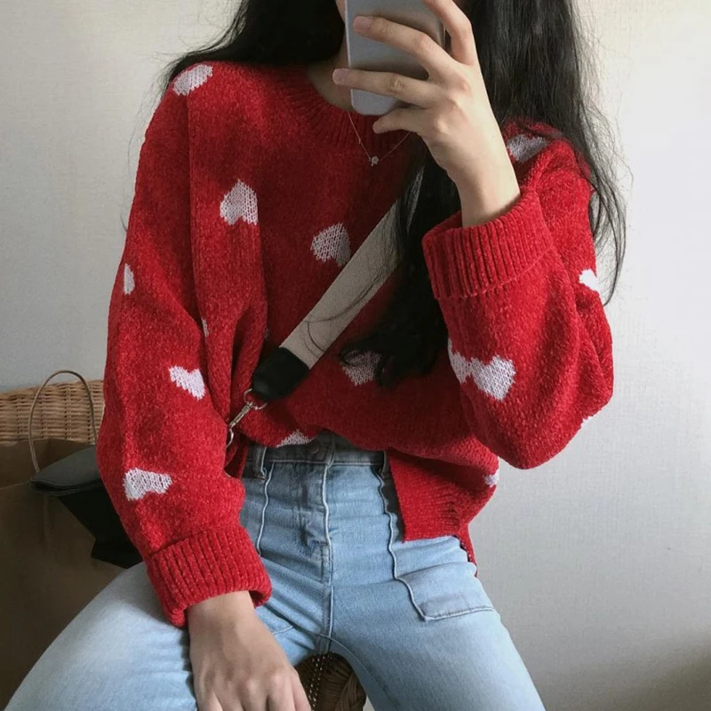 

Oh Cute Girl Women Sweater Heart Print Red Knitted Jumper Autumn Pullover Pull Femme Jersey Mujer Kawaii