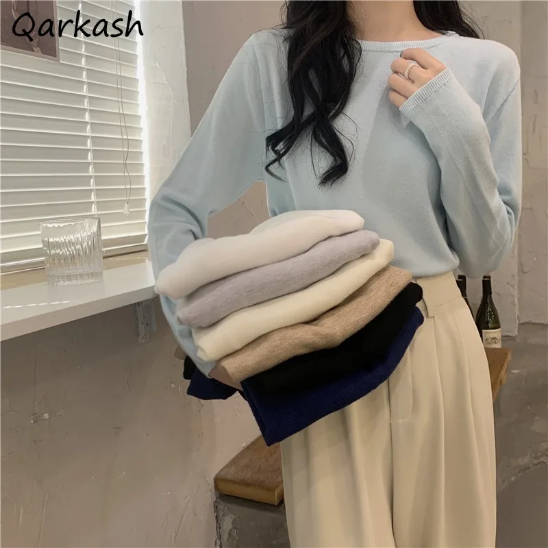 

Long Sleeve Solid T-shirts Women Spring Knitted Tender 7 Colors All-match Students Basic Popular Comfortable Female Minimalist