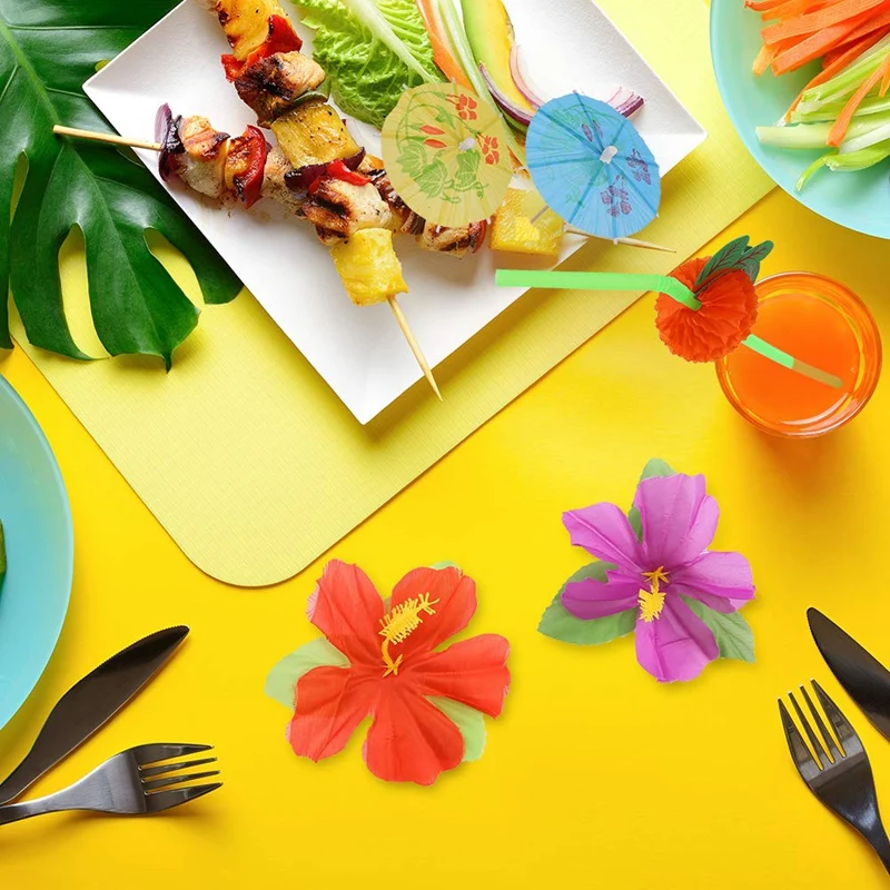 107 Pcs Tropical Party Decoration Set with Hawaiian Table Skirt Palm Leaves Hawaiian Flowers Tissue Pineapple Umbrellas and 3D F
