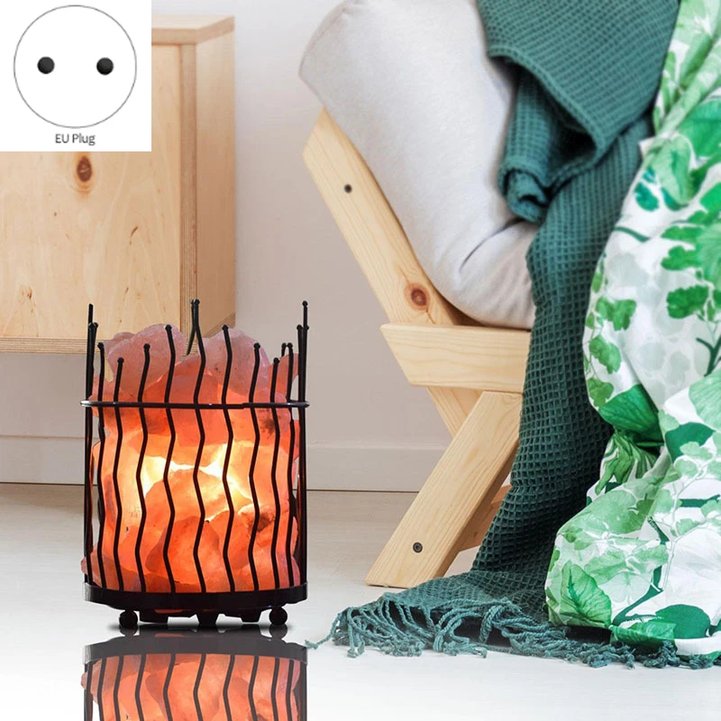 

European Wrought Iron Container Salt Lamp Simple Table Lamp Bedroom Bedside Night Light Office Decoration EU Plug