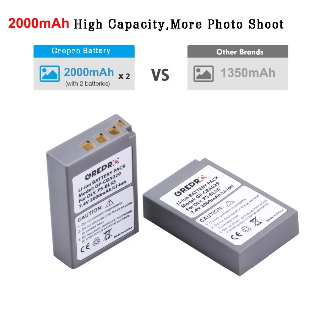 GREPRO 2000mAh PS-BLS5 BLS-5 BLS5 BLS50 батарея+ двойной USB зарядное устройство для Olympus PEN E-PL2, E-PL5, E-PL6, E-PL7, E-PM2, OM-D, E-M10, E-M10