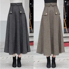 Элегантная Офисная Женская винтажная шерстяная юбка Осень Зима Высокая талия клетчатая юбка Женская линия Макси Длинная юбка размера плюс fw643
