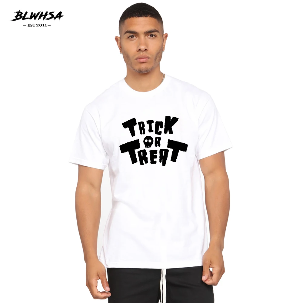 

BLWHSH Trick Or Treat Printed T Shirt Men Fashion Cotton Short Sleeve Funny T-shirt Halloween Letter Print Men Plus Tops Clothes