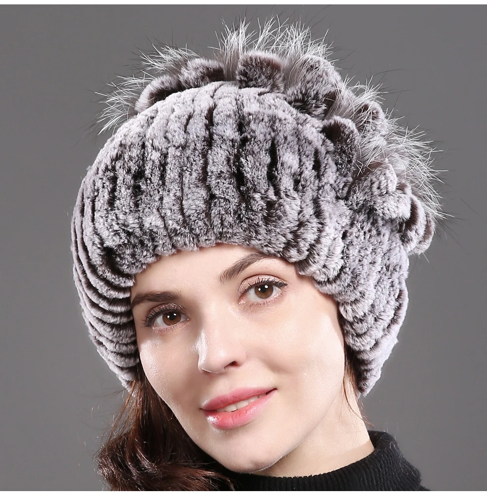 Стиль женский Настоящий мех кролика Skullies шапки Роскошные вязаные цветы натуральная шапка из меха кролика рекс зимние натуральный мех шапочки