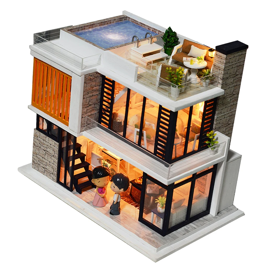Handmade 3D DIY House Model Kit Miniature LED Light Wooden Dolls House Model Florence Town Christmas Birthday Gift