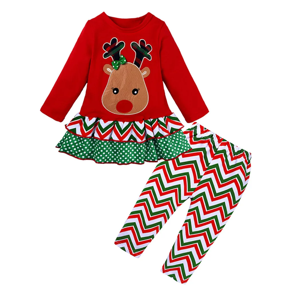 Рождество CostumeToddler для малышей с оборками для маленьких девочек; рождественское платье ELK штаны в клетку комплекты Высокое качество детская одежда на год
