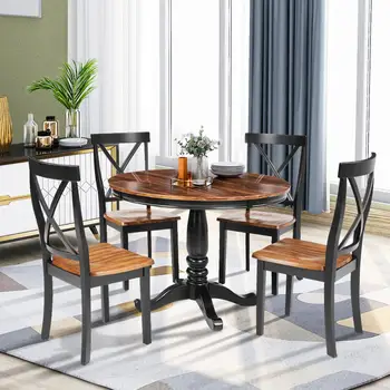 

5 Pieces Dining Table and Chairs Set for 4 Persons, Kitchen Room Solid Wood Table with 4 Chairs Dark Brown
