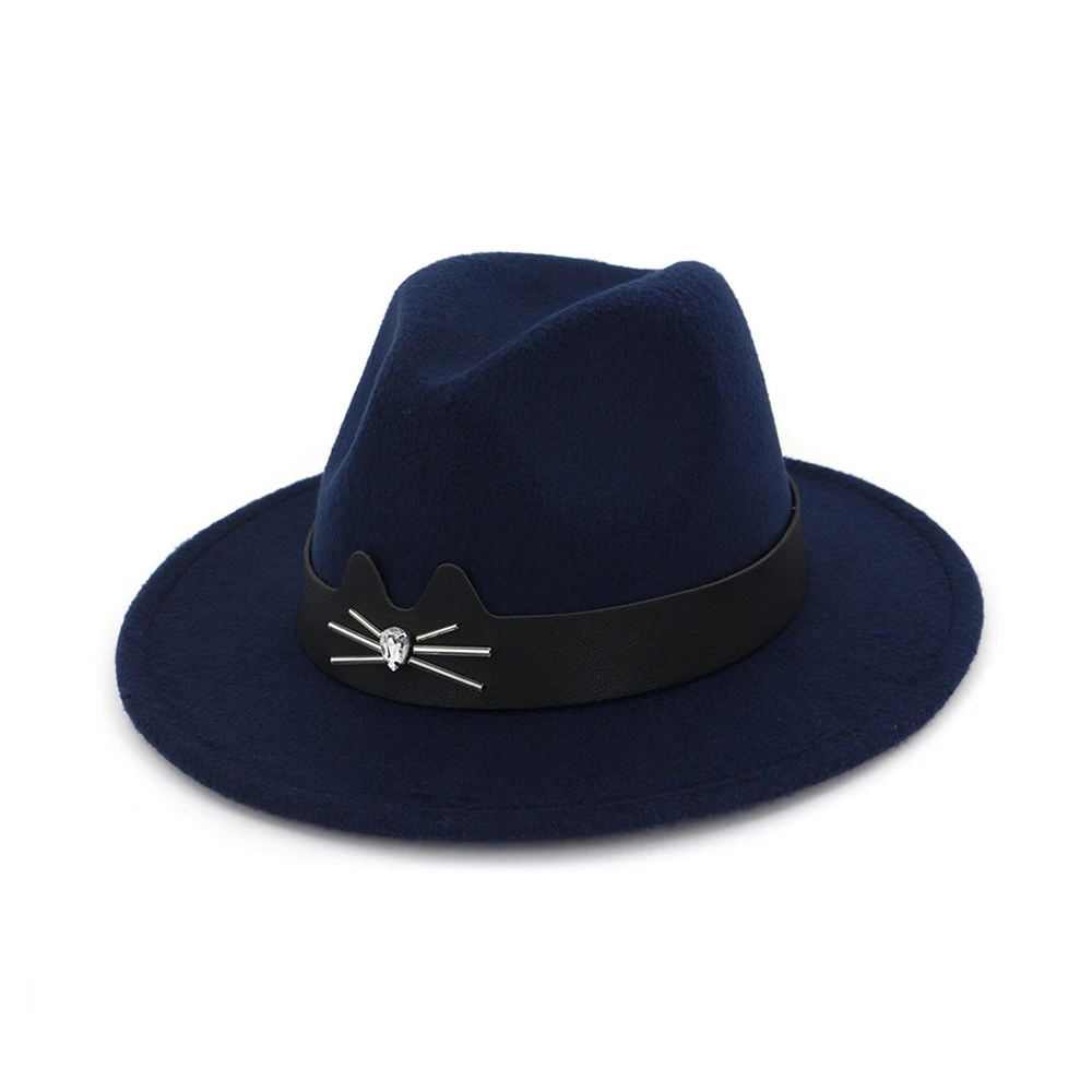 Dark Blue Мужская и Женская шерстяная шляпа Fedora с кожаным поясом поп шляпа Панама джазовая, шляпа - Цвет: Dark Blue