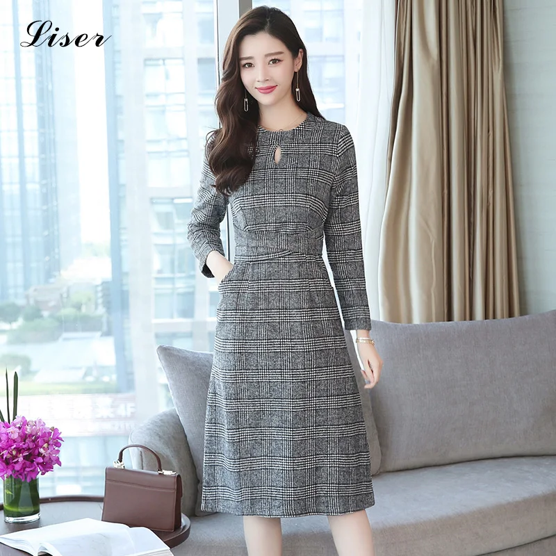 2019 клетчатое платье женское повседневное винтажное миди с бантом и длинным