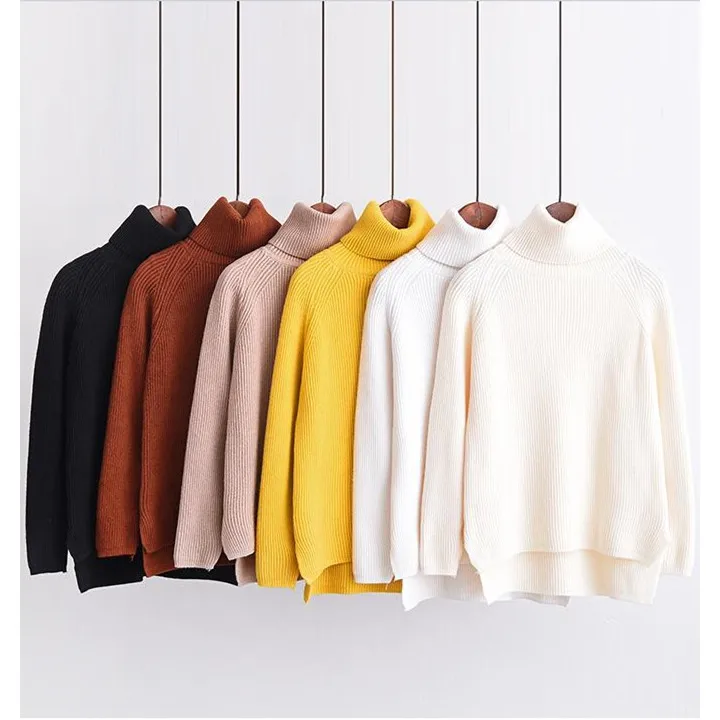 

Women Autumn Winter Turtleneck Oversize Sweater Solid Loose Knit Tops Pullover Sweaters Split Side Casual Sweater