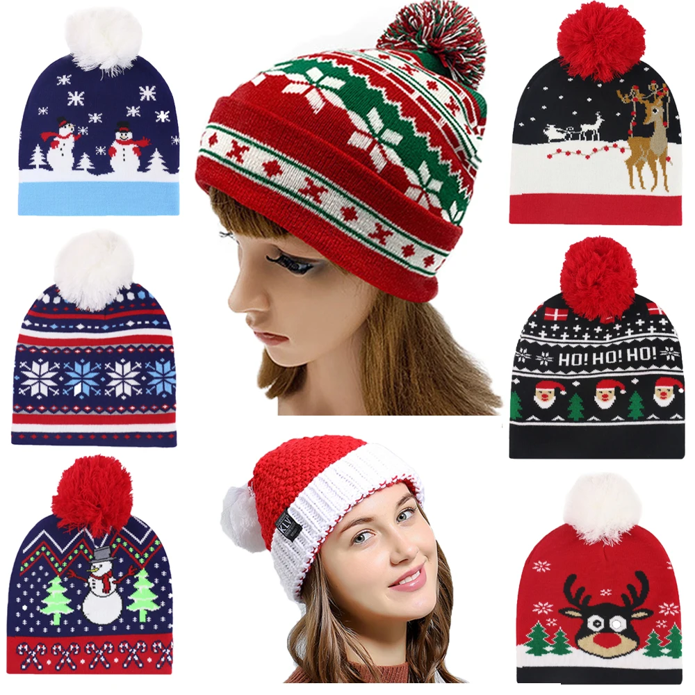 HOT Christmas Hat Santa Claus Snowflake Knitted Warm Cap For Kids Adults New Year Christmas Decor Ornaments Gifts