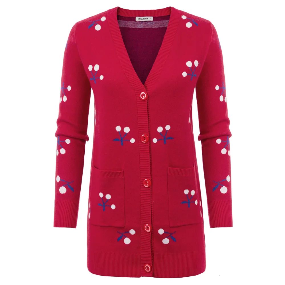 

Women's Thigh Length Knitwear Cardigan Long Sleeve V-Neck Button Placket Cherry pockets fall winter thick lady long knitted coat