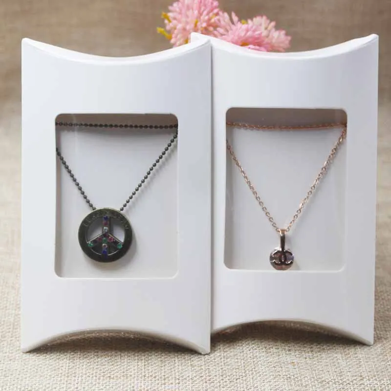 

2018 New White paper window Pillow Box Necklace Jewelry Display Clear Box Pv 1Lot=20 pcs box +20 cards 12.5x8x2.5cm