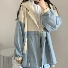 

Women Harajuku Stitching Oversized Kawaii Coats Casual Fashion Jacket Outerwear Hooded Jackets Spring New Loose Preppy Style